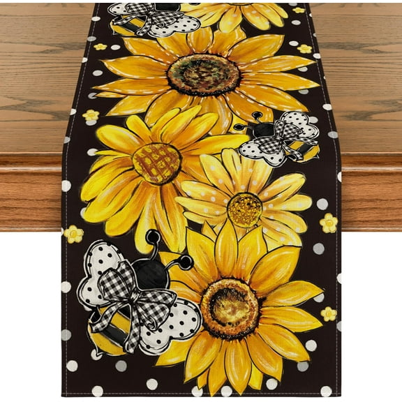 Black Sunflower Bee Flower Polka Dot Summer Table Runner, Seasonal Kitchen Dining Table Decoration for Indoor Party Home 13x72 Inch