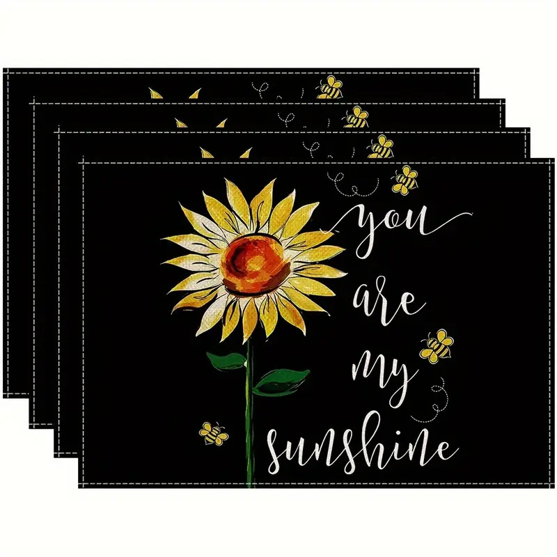 Black Sunflower Bees Summer Placemats Set of 4, 12x18 Inch Seasonal ...