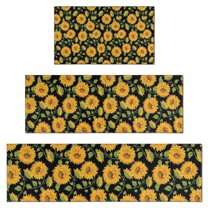 Black Sunflower Bud Pattern Kitchen Rugs Sets Of 3,Kitchen Runner Rugs Non Skid Washable,Decorative Kitchen Floor Mats for Kitchen,Sink,Laundry,17"x30"  17"x47"   17"x59"