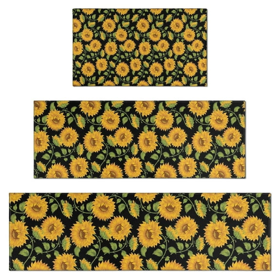 Black Sunflower Bud Pattern Kitchen Rugs Sets Of 3,Kitchen Runner Rugs Non Skid Washable,Decorative Kitchen Floor Mats for Kitchen,Sink,Laundry,17"x30"+ 17"x47" + 17"x59"