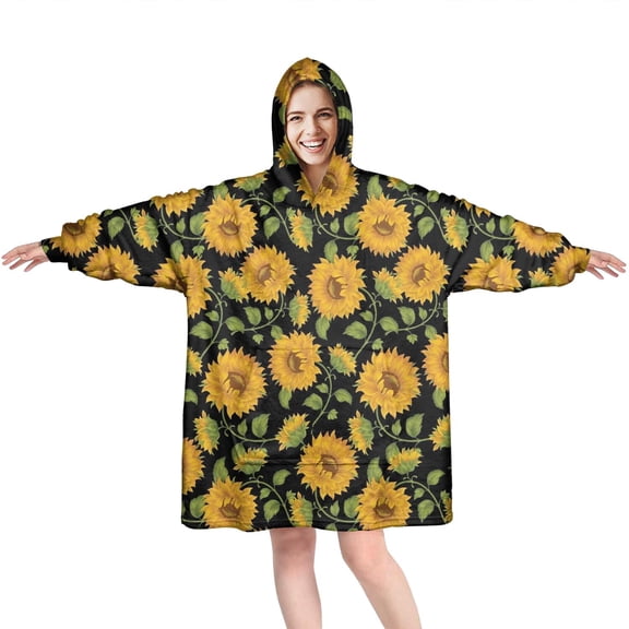 Black Sunflower Bud Pattern Wearable Oversized Blanket,Wearable Blanket Hoodie for Adults,Cozy Hooded Blankets with Super Pockets,Super Warm Fuzzy Pullover for Women & Men