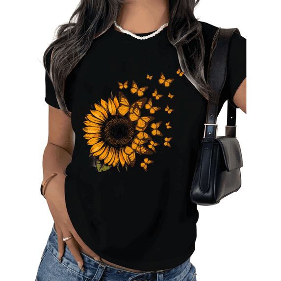 Black Sunflower Butterfly Print Tshirt Graphic Tees Shirts Women Fall Harvest Nature Lover Gift S 5XL Tops
