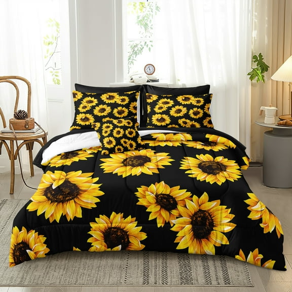 Black Sunflower Comforter Set King Size 8 Pieces Bed in a Bag Yellow Flower Design Bedding with 1 Comforter, 4 Pillowcase, 1 Flat Sheet, 1 Fitted Sheet, 1 Cushion Cover