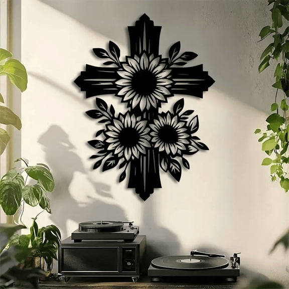 Black Sunflower Cross Metal Wall Decor