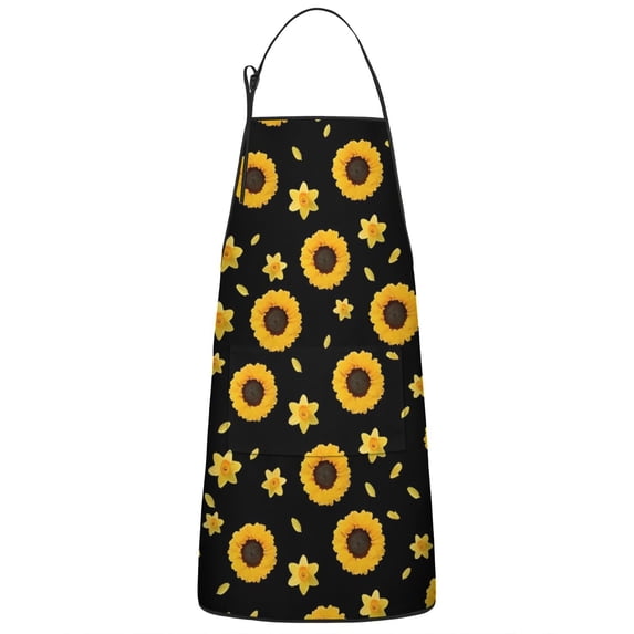 Black Sunflower Daffodil Pattern Apron-Garden Aprons for Women with Pockets-Cotton Linen Waterproof Kitchen Cooking Gardening Aprons Adjustable for Kitchen,Cooking,BBQ and Salon 33x27 Inch