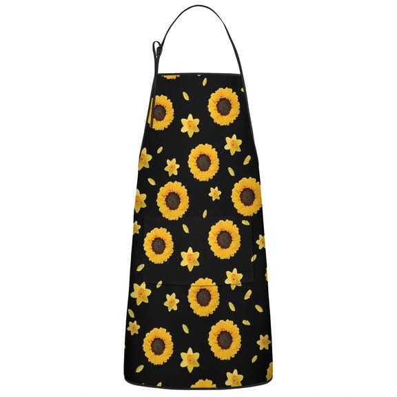 Black Sunflower Daffodil Pattern Apron-Garden Aprons for Women with Pockets-Cotton Linen Waterproof Kitchen Cooking Gardening Aprons Adjustable for Kitchen,Cooking,BBQ and Salon 33x27 Inch