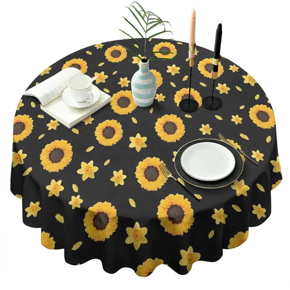 Black Sunflower Daffodil Pattern Round Tablecloth 60"x60",Wrinkle Wipeable Table Cloth for Kitchen Dining Room Picnic Patio Party