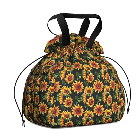 Black Sunflower Drawstring Lunch Bag Women - Drawstring Lunch Bag Insulated for Work Office - Stain-Resistant Large Lunchbags for Women with Multi-Pockets