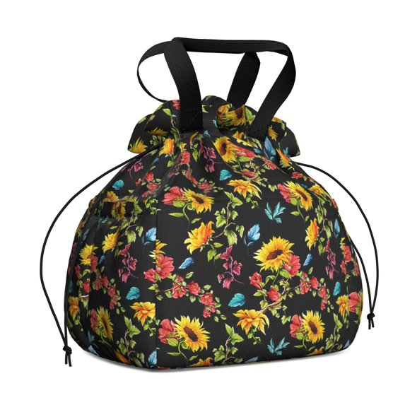 Black Sunflower Drawstring Lunch Bag Women - Drawstring Lunch Bag Insulated for Work Office - Stain-Resistant Large Lunchbags for Women with Multi-Pockets