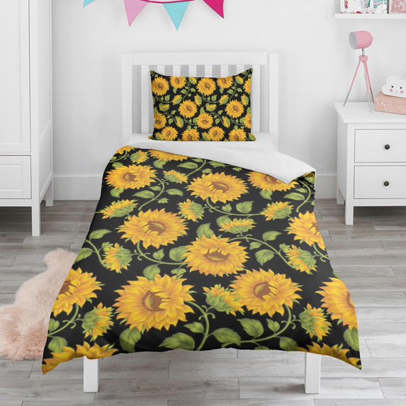 Black Sunflower Duvet Cover and Pillowcase Set for Single Bedding, Bedroom Accessories for Kids Teens