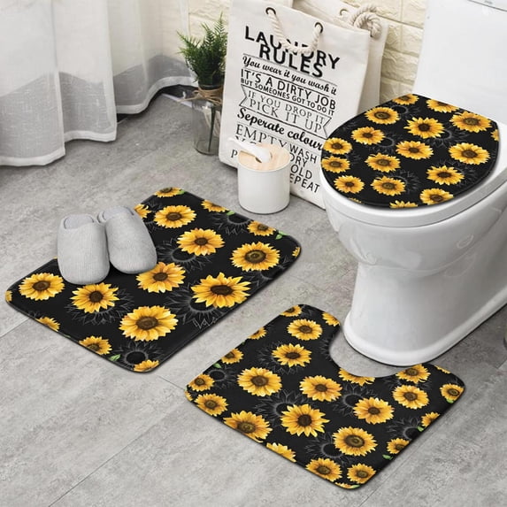Black Sunflower Gray Petal Pattern Bathroom Rugs Sets 3 Piece,Toilet Cover Set,Absorbent Non Slip Bathroom Mats Sets with U-Shaped Contour Rug Toilet Rug Set
