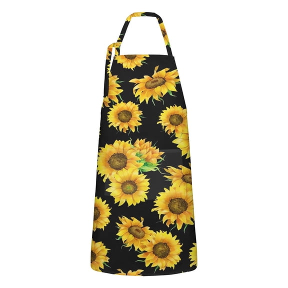 Black Sunflower Green Leaf Pattern Apron-Garden Aprons for Women with Pockets-Cotton Linen Waterproof Kitchen Cooking Gardening Aprons Adjustable for Kitchen,Cooking,BBQ and Salon 33x27 Inch
