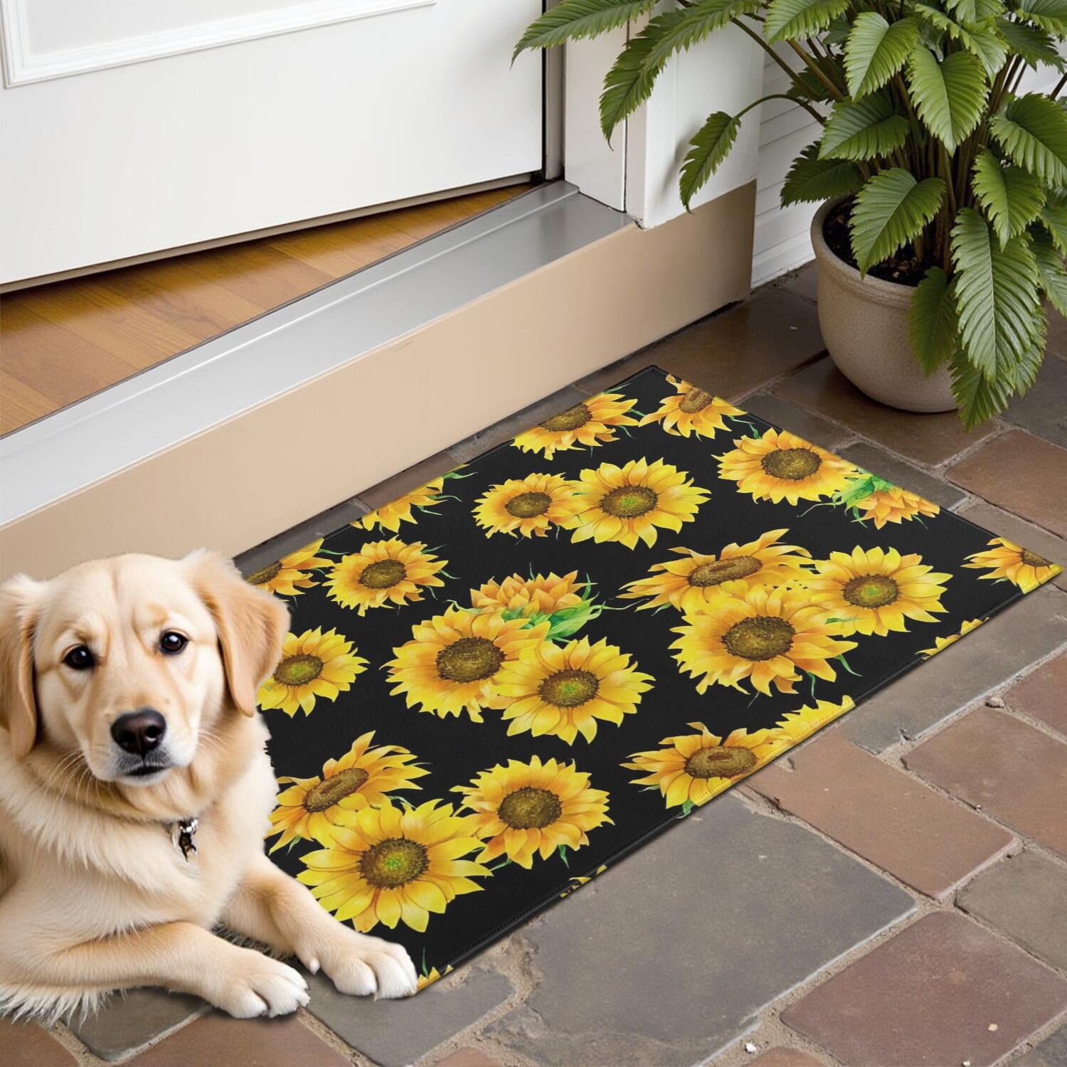 Black Sunflower Green Leaf Pattern Door Rugs,Washable Non Slip Door