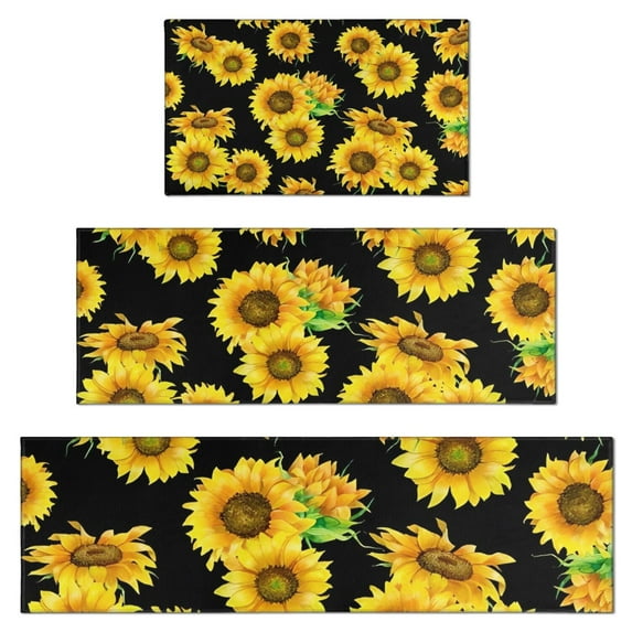 Black Sunflower Green Leaf Pattern Kitchen Rugs Sets Of 3,Kitchen Runner Rugs Non Skid Washable,Decorative Kitchen Floor Mats for Kitchen,Sink,Laundry,17"x30"+ 17"x47" + 17"x59"