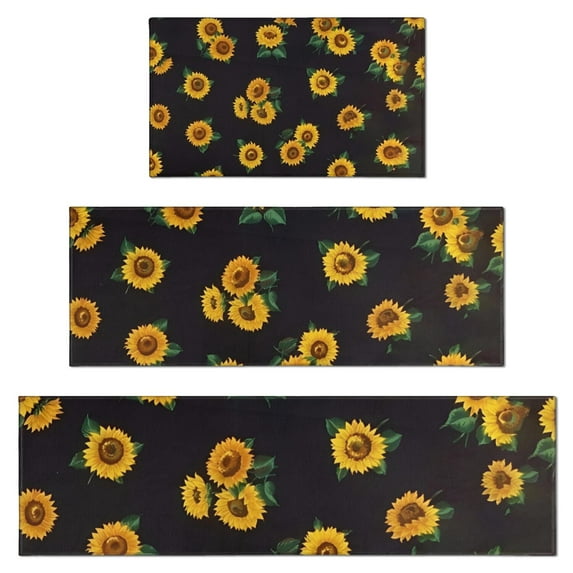 Black Sunflower Green Leaf Pattern Kitchen Rugs Sets Of 3,Kitchen Runner Rugs Non Skid Washable,Decorative Kitchen Floor Mats for Kitchen,Sink,Laundry,17"x30"+ 17"x47" + 17"x59"