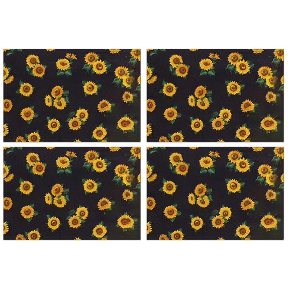 Black Sunflower Green Leaf Pattern Summer Placemats Table Placemats Set Of 4-Linen Kitchen Washable Placemats Table Mats 11.8"x17.7" Non-Slip Heat Resistant