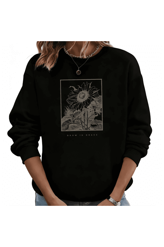 Black Sunflower Grow In Grace Print Sweatshirt Graphic Sweatshirt Cozy Fall Winter Floral S 3XL Tops