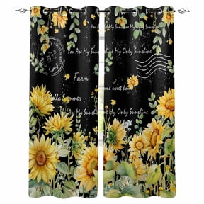 Black Sunflower Kitchen Curtains Summer Eucalyptus Botanical Floral Cafe Short Curtains for Bathroom Blackout Window Curtain Small Window Treatment Tier Drapes for Bedroom Living Room 42"x45"x2