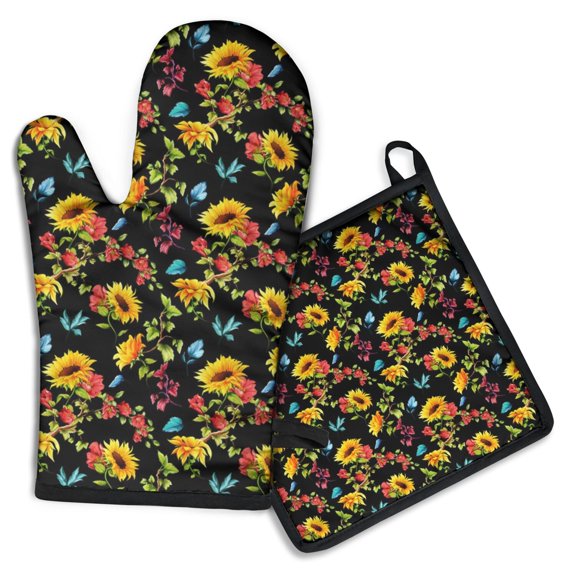 Black Sunflower Kitchen Oven Mitt and Pot Holder Sets 2 Pcs for Baking, Cooking and Grilling, Heat Resistant Up To 392 °F