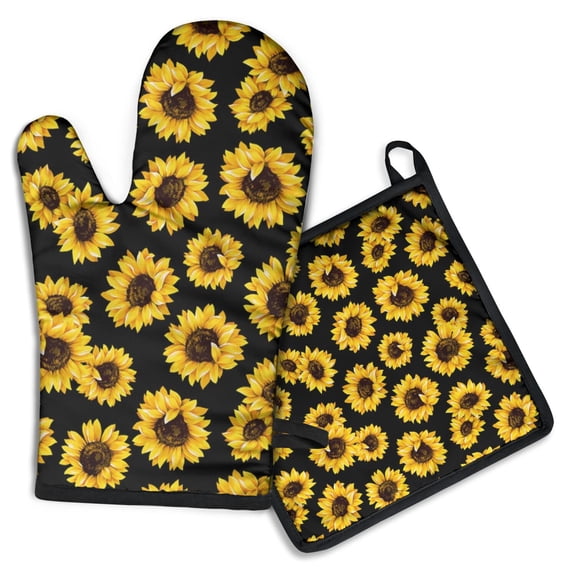 Black Sunflower Kitchen Oven Mitt and Pot Holder Sets 2 Pcs for Baking, Cooking and Grilling, Heat Resistant Up To 392 °F
