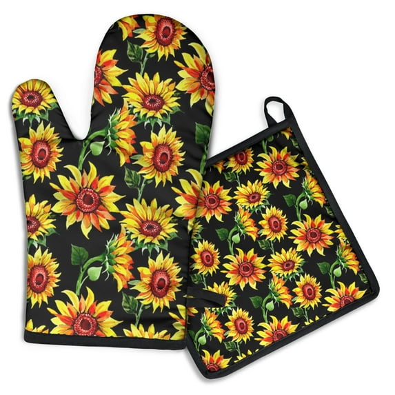 Black Sunflower Kitchen Oven Mitt and Pot Holder Sets 2 Pcs for Baking, Cooking and Grilling, Heat Resistant Up To 392 °F