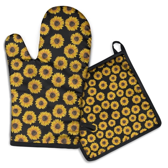 Black Sunflower Kitchen Oven Mitt and Pot Holder Sets 2 Pcs for Baking, Cooking and Grilling, Heat Resistant Up To 392 °F