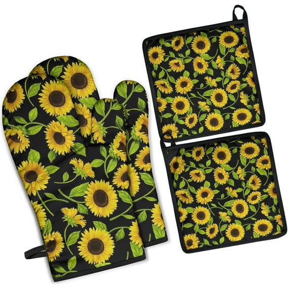 Black Sunflower Kitchen Oven Mitt and Pot Holder Sets 4 Pcs for Baking, Cooking and Grilling, Heat Resistant Up To 392 °F