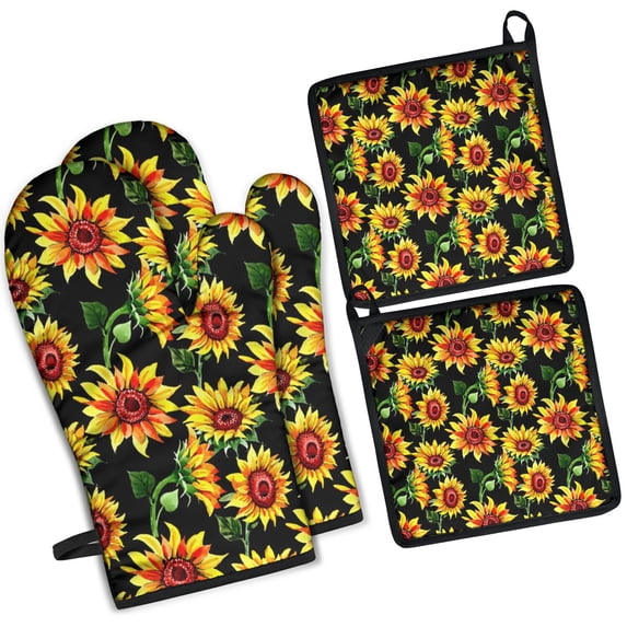 Black Sunflower Kitchen Oven Mitt and Pot Holder Sets 4 Pcs for Baking, Cooking and Grilling, Heat Resistant Up To 392 °F