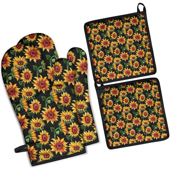 Black Sunflower Kitchen Oven Mitt and Pot Holder Sets 4 Pcs for Baking, Cooking and Grilling, Heat Resistant Up To 392 °F