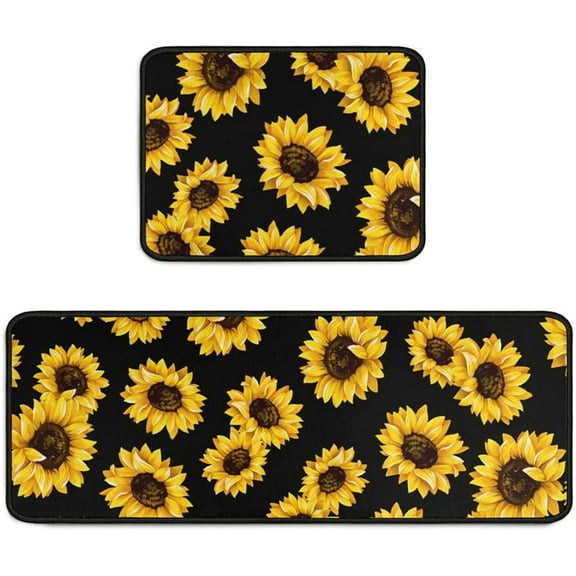 Black Sunflower Kitchen Rugs Mat Farmhouse Style Sunflower Rug Anti Fatigue Kitchen Rug Set PVC Non Slip Waterproof Washable Rug (17" x 47" + 17" x 30")