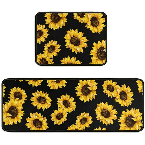 Black Sunflower Kitchen Rugs Mat Farmhouse Style Sunflower Rug Anti Fatigue Kitchen Rug Set PVC Non Slip Waterproof Washable Rug (47.2x17.7 23.6x17.7)