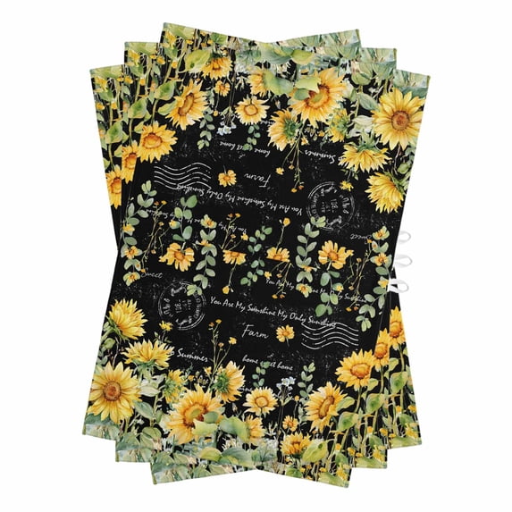 Black Sunflower Kitchen Towels Set of 3, Water Absorbent Dish Towel, Summer Eucalyptus Botanical Floral Decorative Hand Towels - Quick Drying Cloth for Cooking Baking, 18x28 Inch