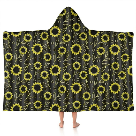 Black Sunflower Leaf Pattern Hooded Bath Towel,50"x30" for Ages 3 To 12 Kids, Quick Dry Lightweight Soft Microfiber Hood Beach Towel Cover Up for Kids