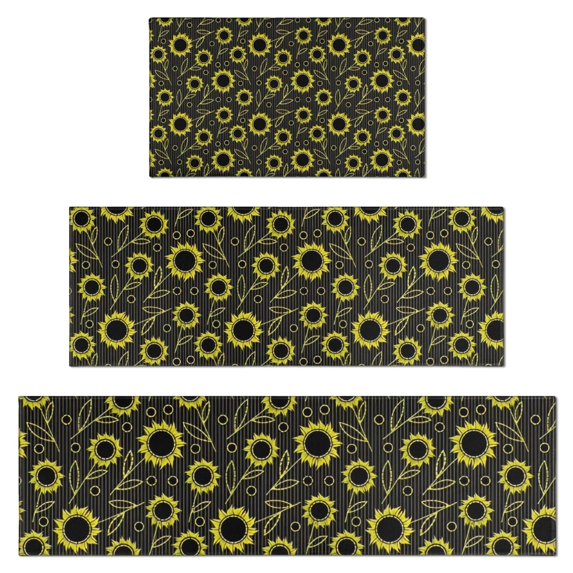 Black Sunflower Leaf Pattern Kitchen Rugs Sets Of 3,Kitchen Runner Rugs Non Skid Washable,Decorative Kitchen Floor Mats for Kitchen,Sink,Laundry,17"x30"+ 17"x47" + 17"x59"