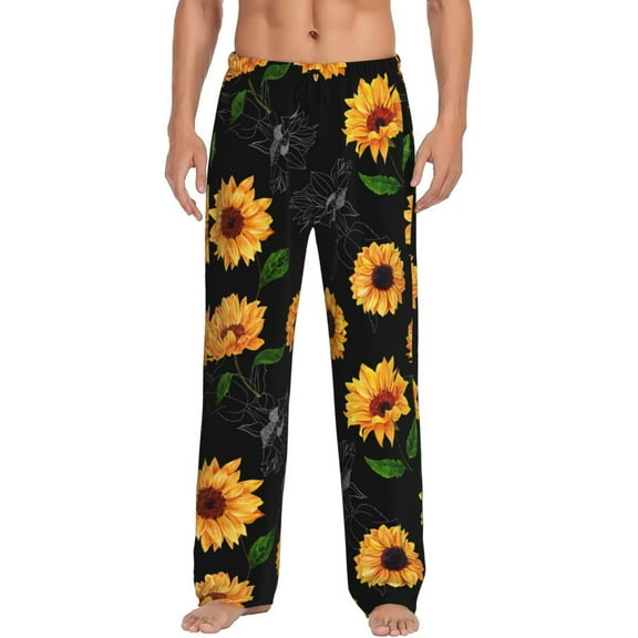 Black Sunflower Men's Pajama Pants Soft Breathable Sleep Lounge Pants With Pockets, Elastic Waist Pjs Bottoms For Nightwear & Home Large