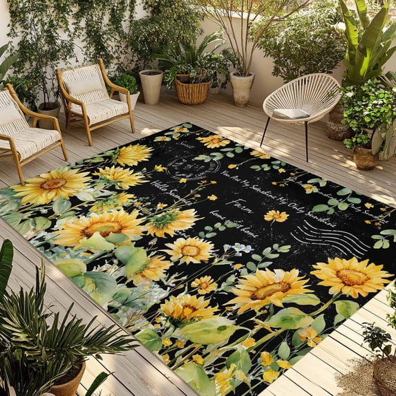 Black Sunflower Outdoor Rug for Patio/Deck/Porch, Non-Slip Large Area Rug 6 x 9 Ft, Summer Eucalyptus Botanical Floral Indoor Outdoor Rugs Washable Area Rugs, Reversible Camping Rug Carpet Runner