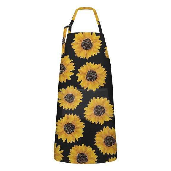 Black Sunflower Pattern Apron-Garden Aprons for Women with Pockets-Cotton Linen Waterproof Kitchen Cooking Gardening Aprons Adjustable for Kitchen,Cooking,BBQ and Salon 33x27 Inch