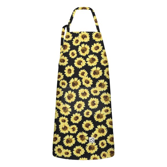 Black Sunflower Pattern Apron-Garden Aprons for Women with Pockets-Cotton Linen Waterproof Kitchen Cooking Gardening Aprons Adjustable for Kitchen,Cooking,BBQ and Salon 33x27 Inch
