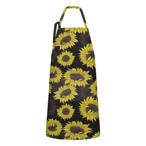 Black Sunflower Pattern Apron-Garden Aprons for Women with Pockets-Cotton Linen Waterproof Kitchen Cooking Gardening Aprons Adjustable for Kitchen,Cooking,BBQ and Salon 33x27 Inch