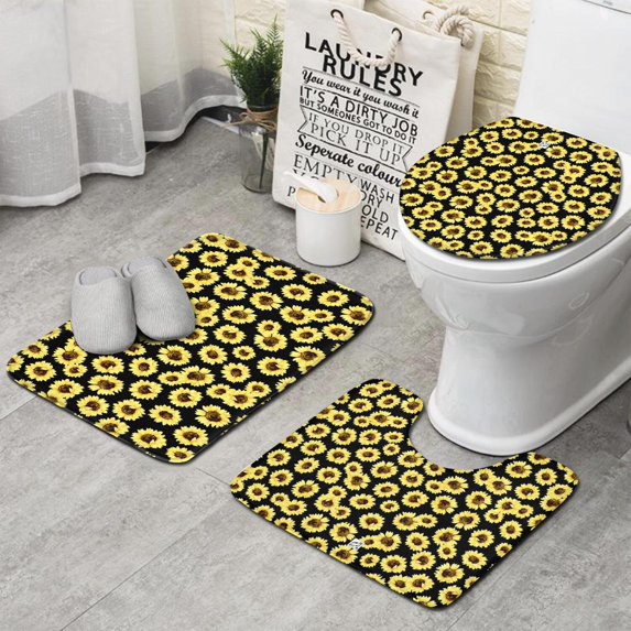 Black Sunflower Pattern Bathroom Rugs Sets 3 Piece,Toilet Cover Set,Absorbent Non Slip Bathroom Mats Sets with U-Shaped Contour Rug Toilet Rug Set