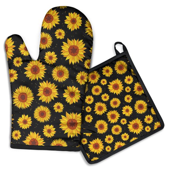 Black Sunflower Pattern Kitchen Oven Mitt and Pot Holder Sets 2 Pcs for Baking, Cooking and Grilling, Heat Resistant Up To 392 °F