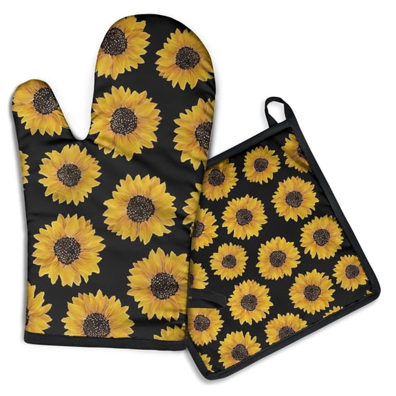 Black Sunflower Pattern Kitchen Oven Mitt and Pot Holder Sets 2 Pcs for Baking, Cooking and Grilling, Heat Resistant Up To 392 °F