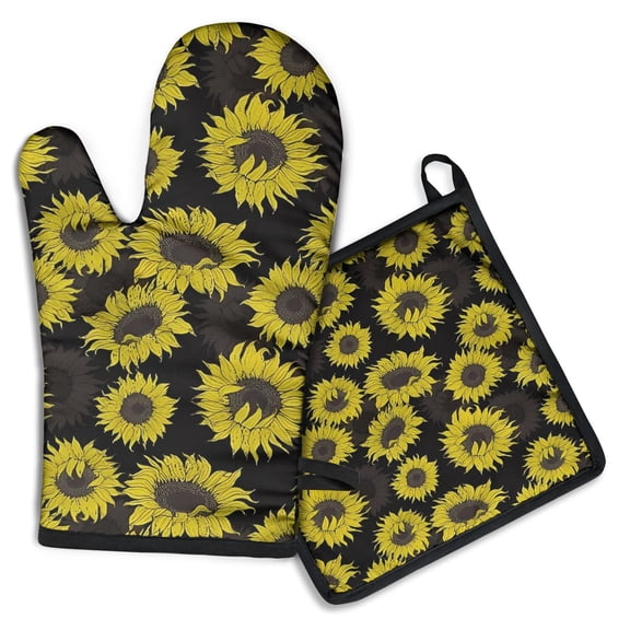 Black Sunflower Pattern Kitchen Oven Mitt and Pot Holder Sets 2 Pcs for Baking, Cooking and Grilling, Heat Resistant Up To 392 °F