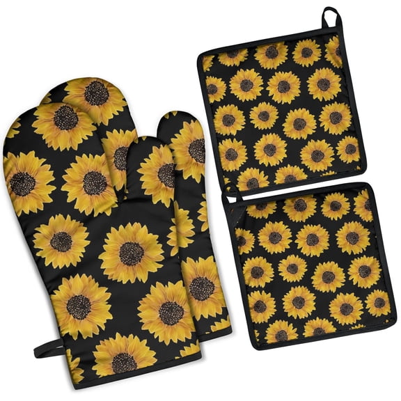 Black Sunflower Pattern Kitchen Oven Mitt and Pot Holder Sets 4 Pcs for Baking, Cooking and Grilling, Heat Resistant Up To 392 F