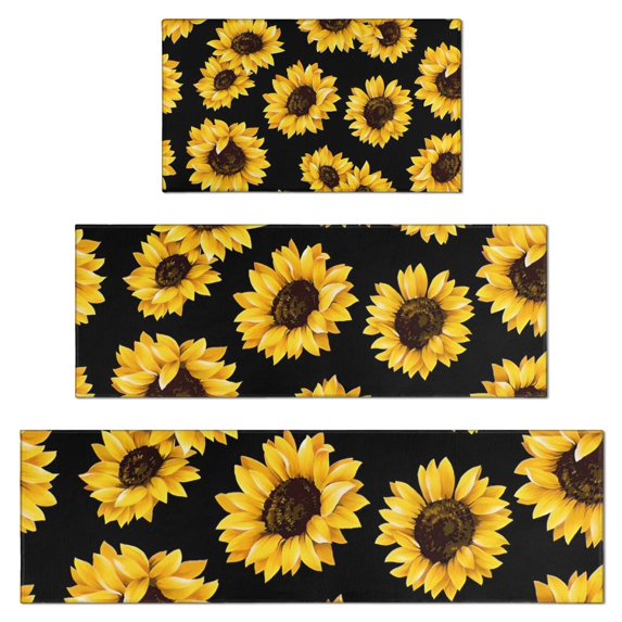Black Sunflower Pattern Kitchen Rugs Sets Of 3,Kitchen Runner Rugs Non Skid Washable,Decorative Kitchen Floor Mats for Kitchen,Sink,Laundry,17"x30"+ 17"x47" + 17"x59"