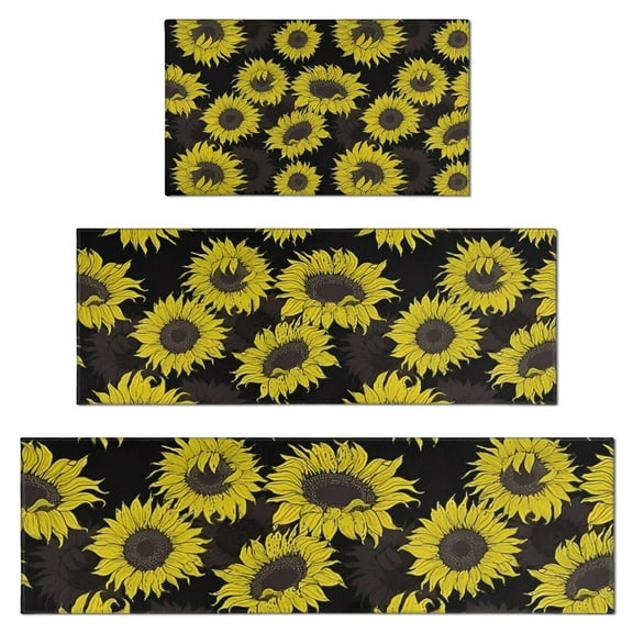 Black Sunflower Pattern Kitchen Rugs Sets Of 3,Kitchen Runner Rugs Non Skid Washable,Decorative Kitchen Floor Mats for Kitchen,Sink,Laundry,17"x30"+ 17"x47" + 17"x59"