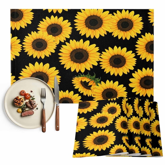 Black Sunflower Pattern Placemats Set of 4, Floral Print Table Mats Washable Heat-Insulation Non-Slip Place Mats for Kitchen Dinner Table Indoor Outdoor Decor,13x19 Inch