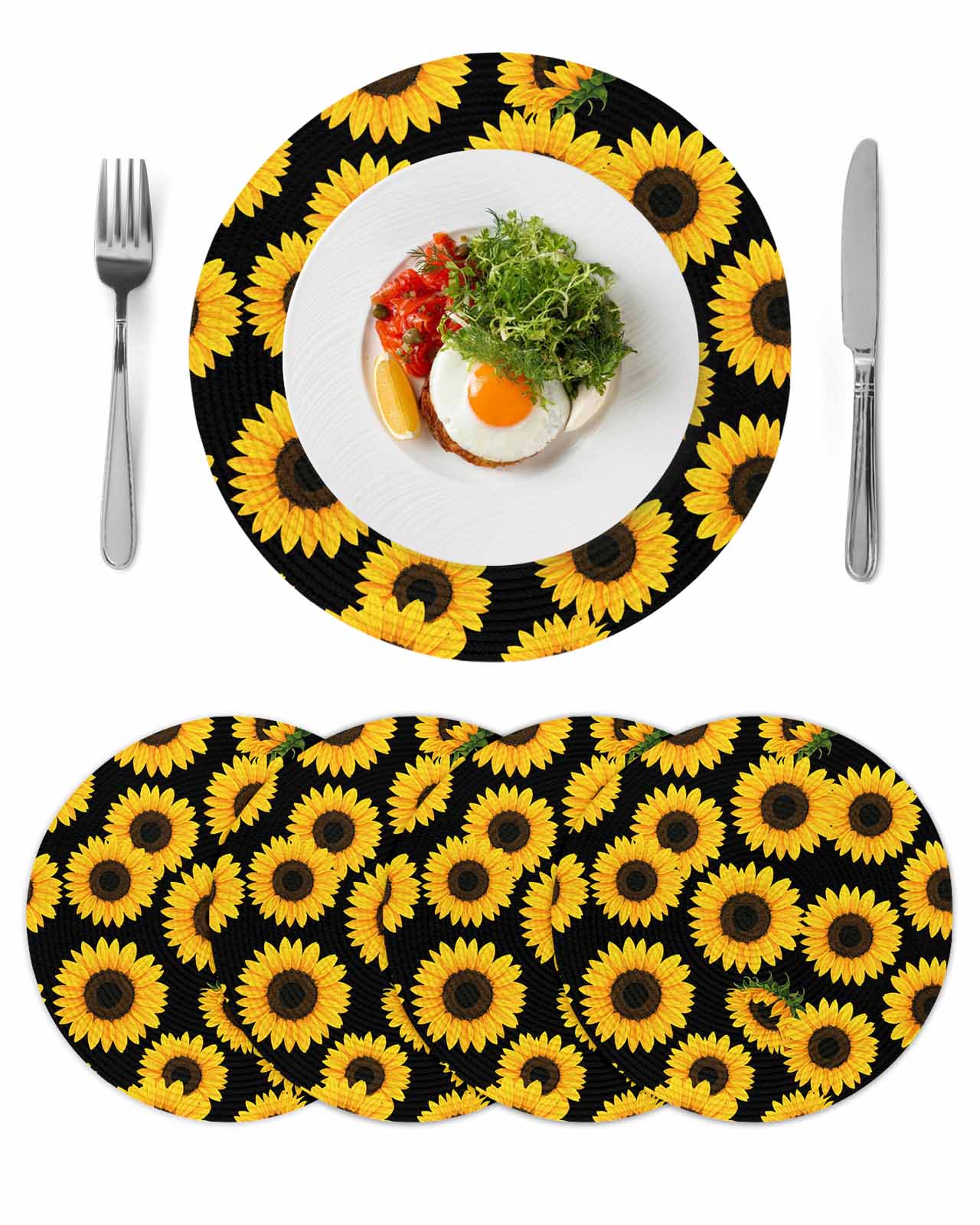 Black Sunflower Pattern Round Table Placemats set of 4, Floral Print ...