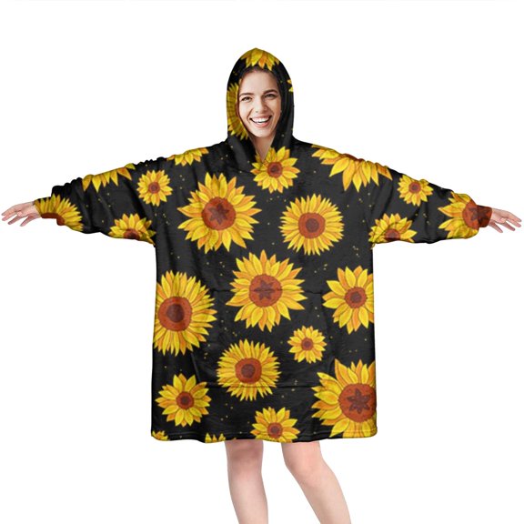 Black Sunflower Pattern Wearable Oversized Blanket,Wearable Blanket Hoodie for Adults,Cozy Hooded Blankets with Super Pockets,Super Warm Fuzzy Pullover for Women & Men