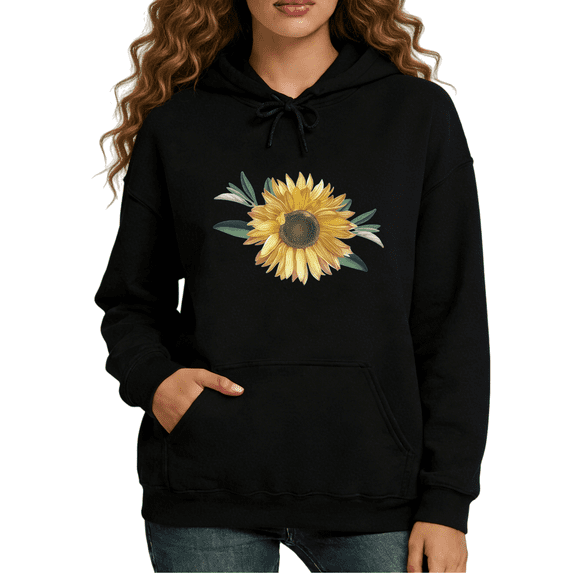 Black Sunflower Print hoodie Sweatshirt Graphic Sweatshirt Women Fall Winter Casual Harvest Thanksgiving S 2XL Tops